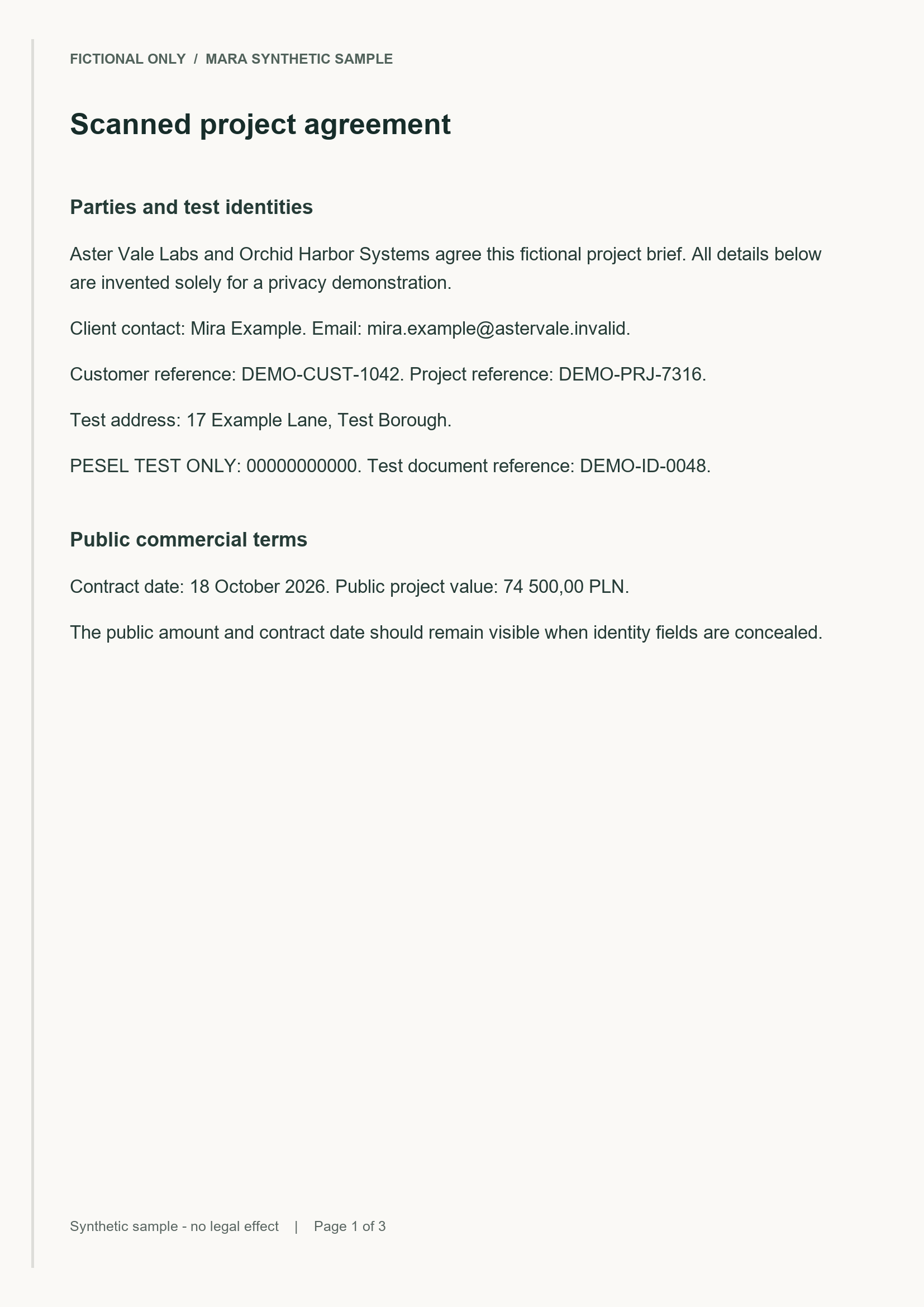 Fictional scanned agreement page one