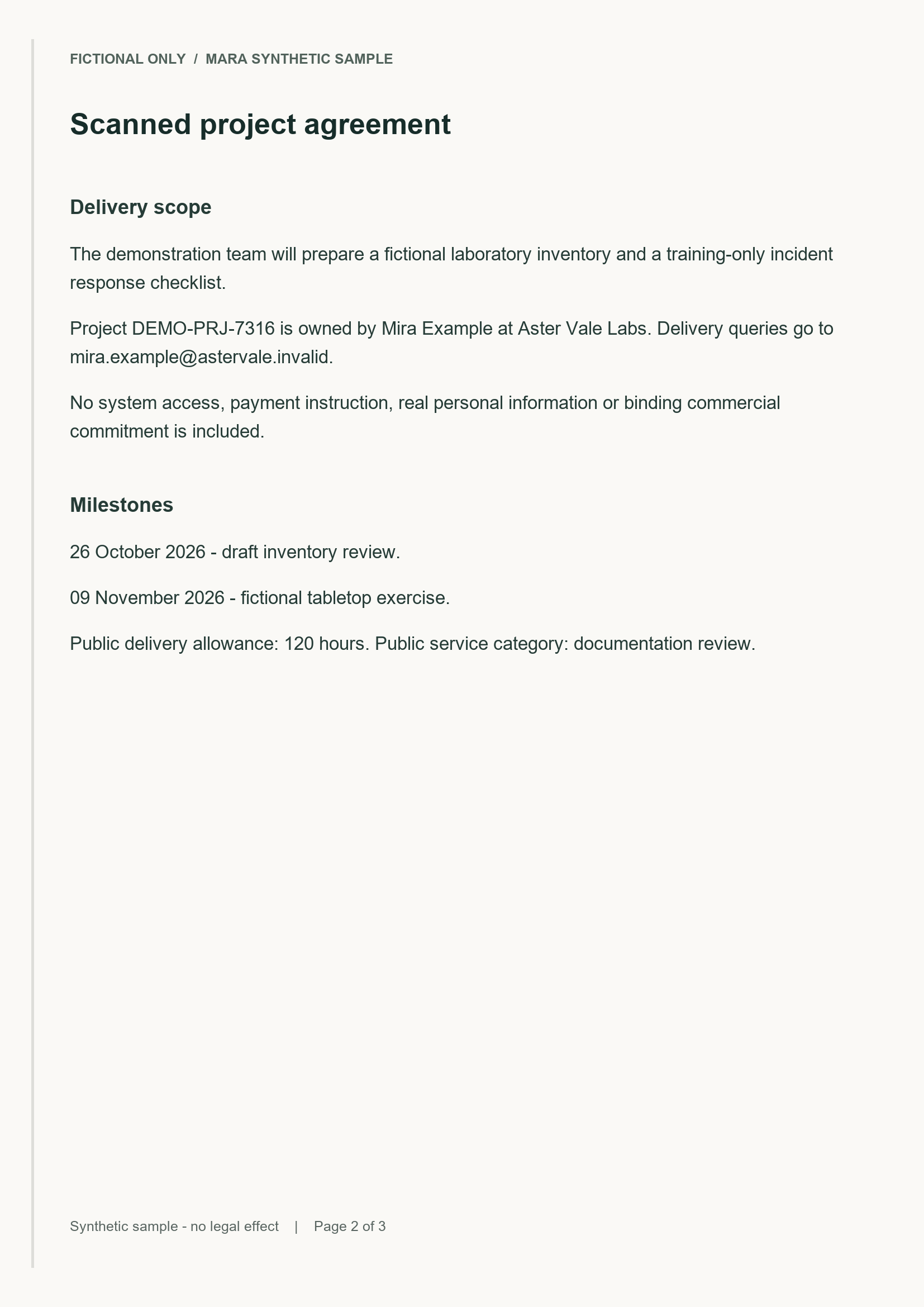 Fictional scanned agreement page two